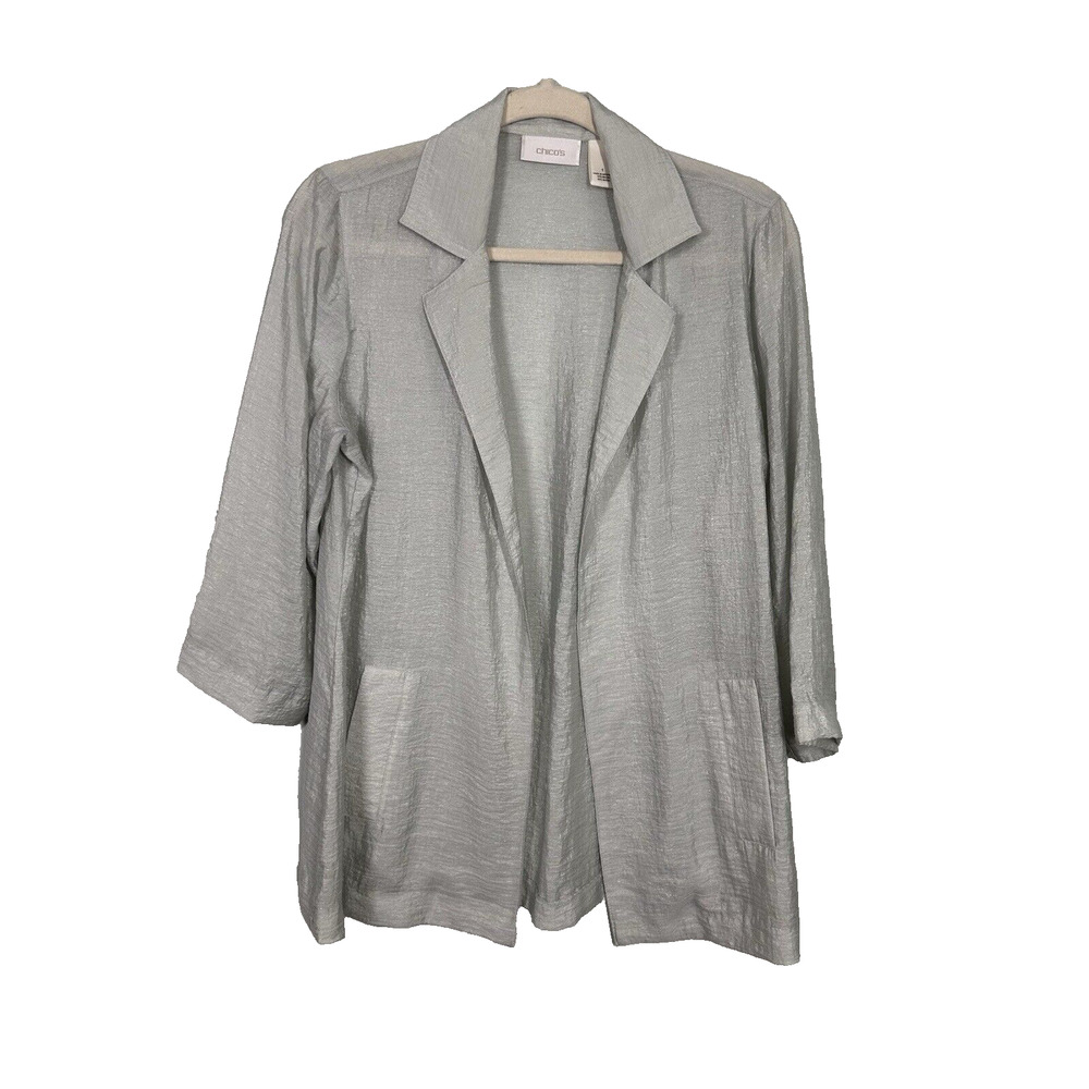 Chicos 1 Mint Green Metallic Lightweight Layering Jacket Pockets 3/4 Sleeves